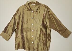 FRENCH LAUNDRY Size L 100% Silk Embroidery Olive Gold Blouse Shirt Tunic Top